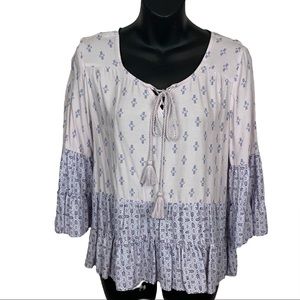 Soft BOHO Peasant Shirt Size Small bell sleeve floral purple / blue